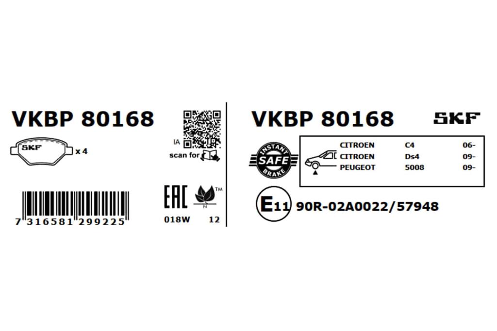 Jogo de 4 pastilhas de travão SKF ref. VKBP 80168
